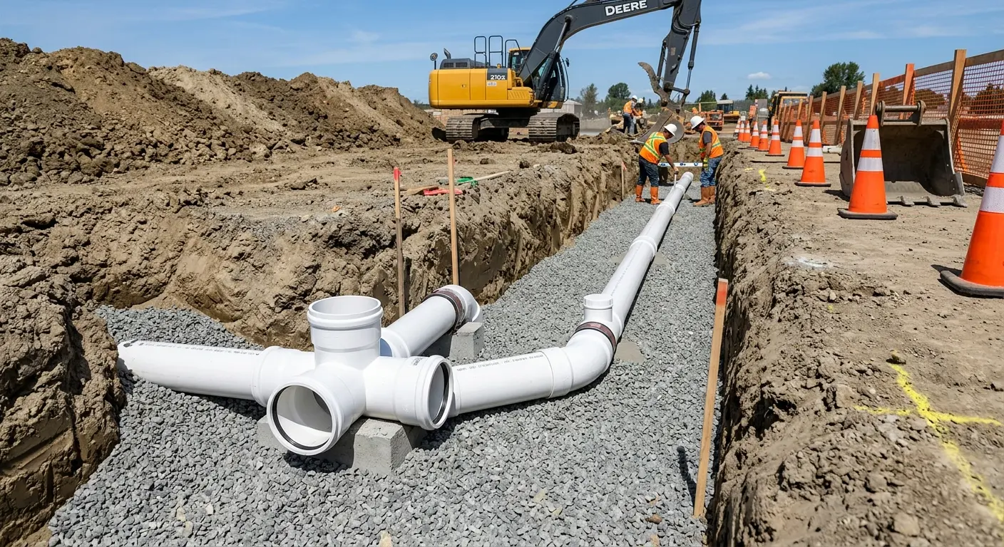 New PVC sewer pipe installation in open trench for Commercial Drain Cleaning in Thonotosassa